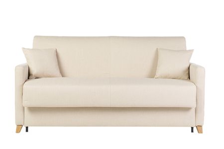 Canapé convertible 3 places en tissu beige et bois clair avec matelas 18 cm SKANDY