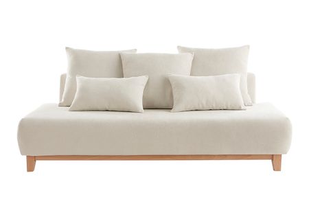 Canapé 3 places en tissu effet velours texturé beige et bois clair L200 cm ODEON