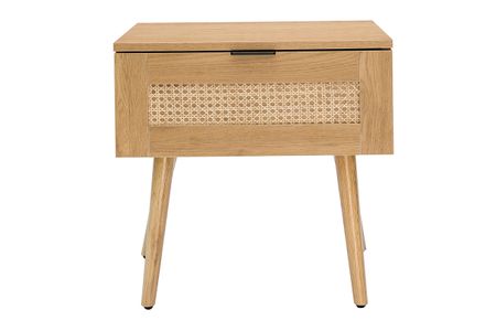 Table de chevet finition bois clair, cannage rotin et métal noir MANILLE