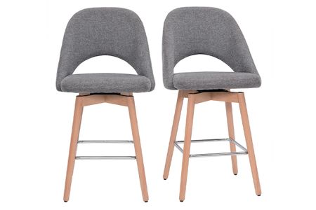 Tabourets de bar scandinaves tissu effet velours texturé gris et hévéa massif 65 cm (lot de 2) COSETTE