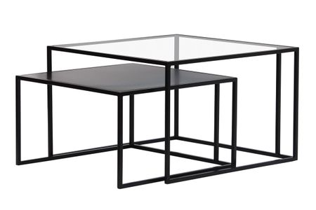 Tables basses gigognes carrées design verre trempé et métal noir (lot de 2) TAHL