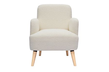 Fauteuil scandinave en tissu effet laine bouclée blanc cassé et bois clair ISKO