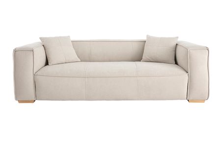 Canapé design 3 places en tissu effet velours beige naturel et bois clair COBAIN