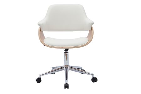 Chaise de bureau à roulettes design blanc, bois clair et acier chromé HANSEN