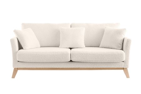 Canapé scandinave déhoussable 3 places en tissu effet laine bouclée blanc cassé et bois clair OSLO