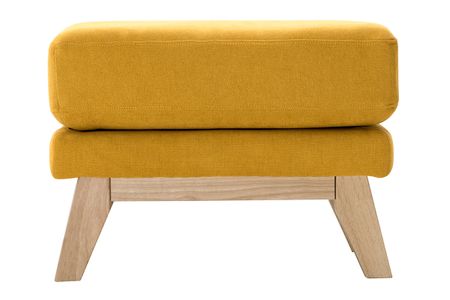 Pouf repose-pieds déhoussable scandinave en tissu effet velours jaune moutarde et bois clair OSLO