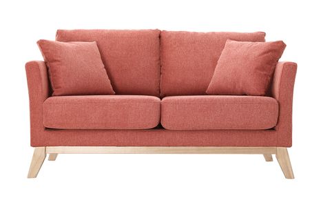 Canapé scandinave déhoussable 2 places en tissu effet velours texturé terracotta et bois clair OSLO