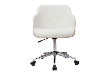 Chaise de bureau à roulettes design blanc, bois clair et acier chromé SANDRO