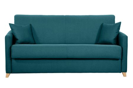 Canapé convertible 3 places en tissu bleu canard et bois clair avec matelas 13 cm SKANDY