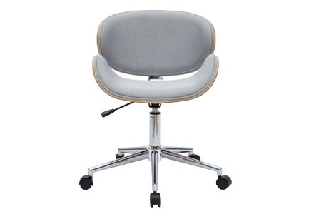 Chaise de bureau à roulettes design en tissu gris clair, bois clair et acier chromé WALNUT