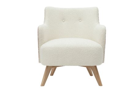 Fauteuil scandinave en tissu effet laine bouclée blanc cassé et bois clair VALMY