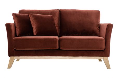 Canapé scandinave déhoussable 2 places en tissu velours rouge tomette et bois clair OSLO