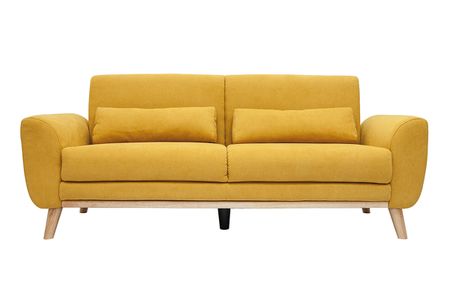 Canapé scandinave 3 places en tissu effet velours jaune moutarde et bois clair EKTOR