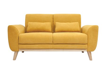 Canapé scandinave 2 places en tissu effet velours jaune moutarde et bois clair EKTOR