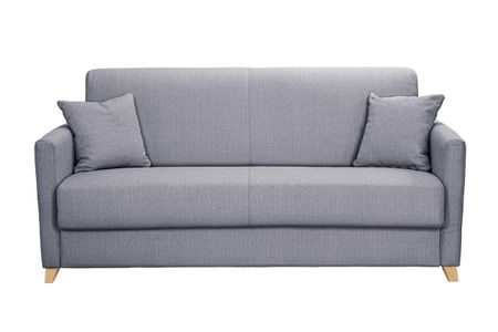 Canapé convertible 3 places en tissu gris clair et bois clair avec matelas 13 cm SKANDY