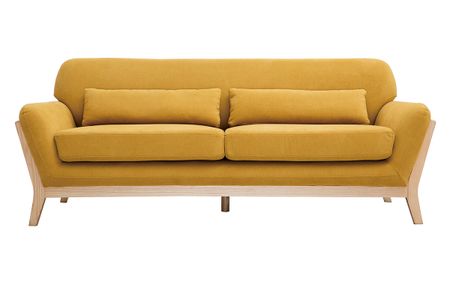 Canapé scandinave 3 places en tissu effet velours jaune moutarde et bois clair YOKO