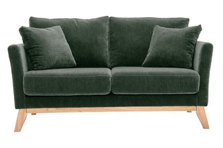 Canapé scandinave déhoussable 2 places en tissu effet velours vert kaki et bois clair OSLO