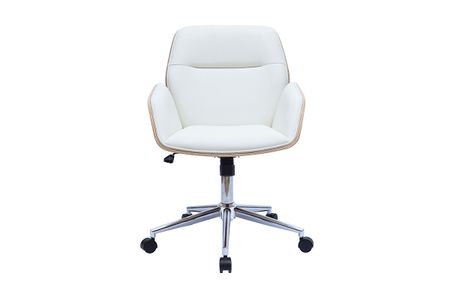 Chaise de bureau à roulettes design blanc, bois clair et acier chromé  MARLOW
