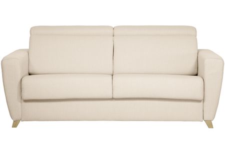 Canapé convertible avec têtières ajustables 3 places en tissu beige et bois clair avec matelas 13 cm GOYA