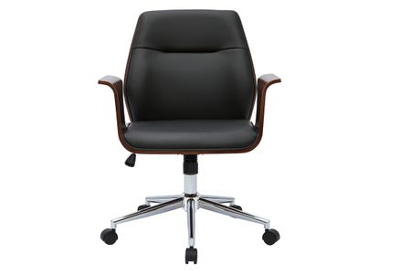 Chaise de bureau à roulettes design noir, bois foncé noyer et acier chromé RUFIN