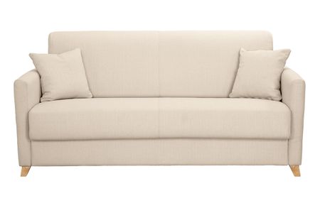 Canapé convertible 3 places en tissu beige et bois clair avec matelas 13 cm SKANDY