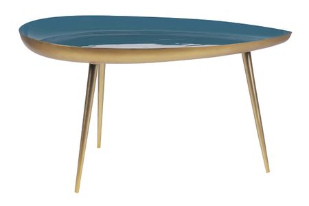 Table basse design en acier laqué bleu canard et doré L80 cm DROP
