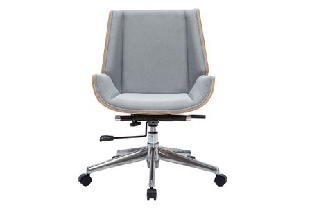 Chaise de bureau à roulettes design en tissu gris clair, bois clair et acier chromé CURVED