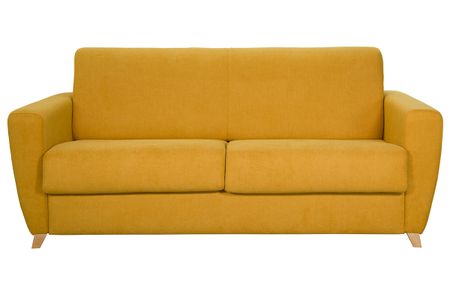 Canapé convertible 3 places en tissu jaune moutarde et bois clair avec matelas L140 cm 13 cm GRAHAM