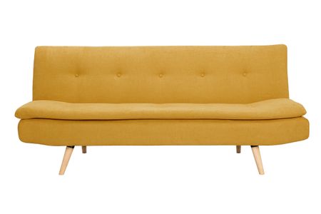 Canapé convertible 3 places en tissu effet velours jaune moutarde et bois clair SENSO
