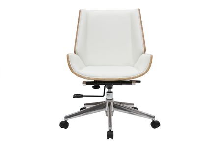 Chaise de bureau à roulettes design blanc, bois clair et acier chromé CURVED
