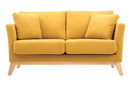 Canapé scandinave déhoussable 2 places en tissu effet velours jaune moutarde et bois clair OSLO