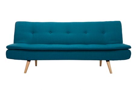 Canapé convertible scandinave 3 places en tissu bleu canard et bois clair SENSO