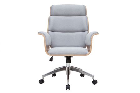 Fauteuil de bureau à roulettes design en tissu gris clair, bois clair et acier chromé ELON