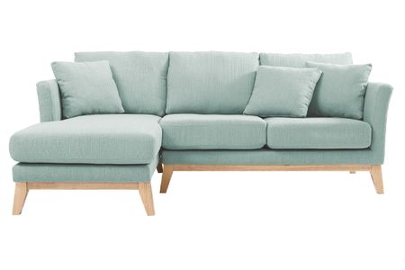 Canapé d'angle gauche déhoussable scandinave en tissu vert lagon et bois clair 3-4 places OSLO