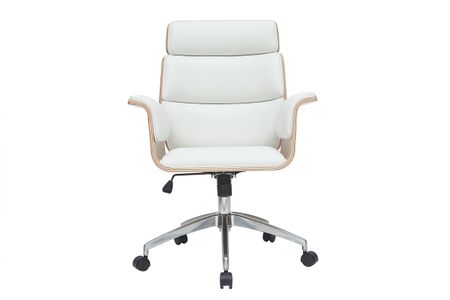 Fauteuil de bureau à roulettes design blanc, bois clair et acier chromé ELON