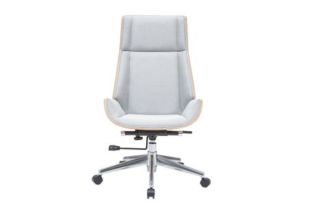 Fauteuil de bureau de direction design en tissu gris clair, bois clair et acier chromé CURVED