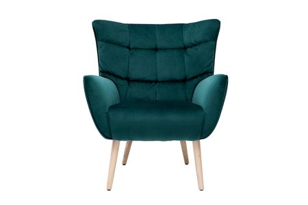 Fauteuil scandinave en tissu velours bleu pétrole et bois clair AVERY