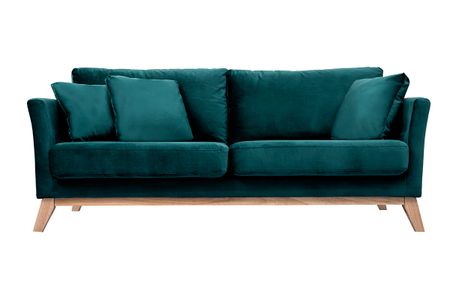 Canapé scandinave déhoussable 3 places en tissu velours bleu pétrole et bois clair OSLO