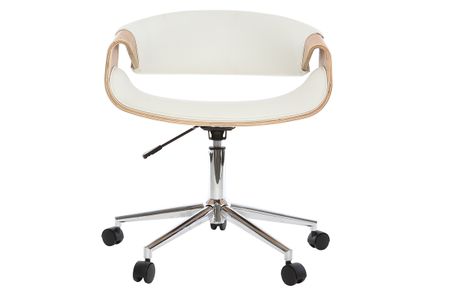 Chaise de bureau à roulettes design blanc, bois clair et acier chromé ARAMIS