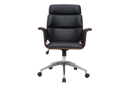 Fauteuil de bureau à roulettes design noir, bois foncé noyer et acier chromé ELON