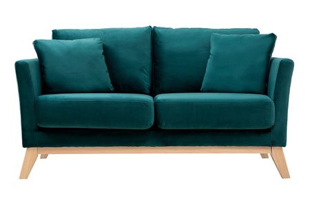 Canapé scandinave déhoussable 2 places en tissu velours bleu pétrole et bois clair OSLO
