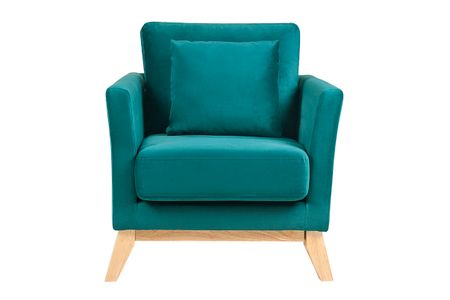 Poltrona scandinava velluto petrolio piedi in legno chiaro OSLO