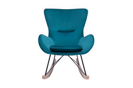 Rocking chair design en tissu velours bleu canard, métal noir et bois clair ESKUA