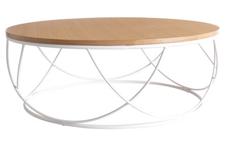 Table basse ronde bois clair chêne et métal blanc D80 cm LACE