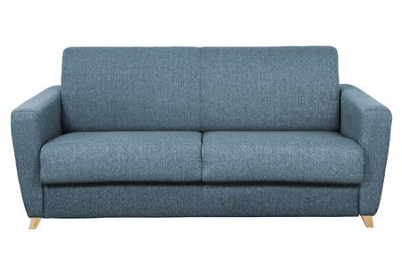 Canapé convertible 3 places en tissu bleu et bois clair avec matelas L140 cm 12 cm GRAHAM