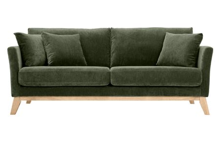 Canapé scandinave déhoussable 3 places en tissu effet velours vert kaki et bois clair OSLO