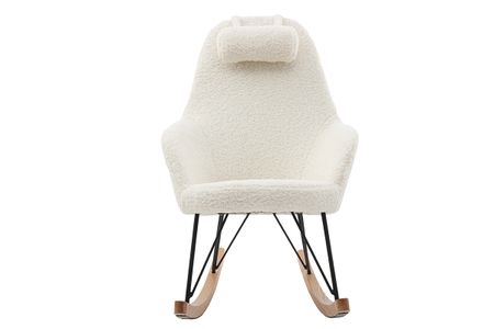 Rocking chair scandinave en tissu effet peau de mouton blanc, métal noir et bois clair JHENE