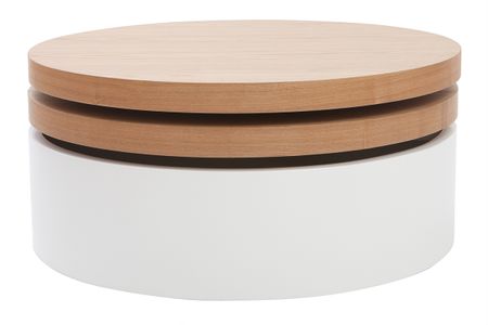 Table basse ronde avec plateaux pivotants et rangement blanc et bois clair chêne D80 cm ICON