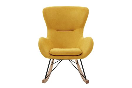 Rocking chair scandinave en tissu effet velours jaune moutarde, métal noir et bois clair ESKUA
