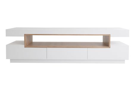Meuble TV design blanc laqué brillant et bois L200 cm LIVO